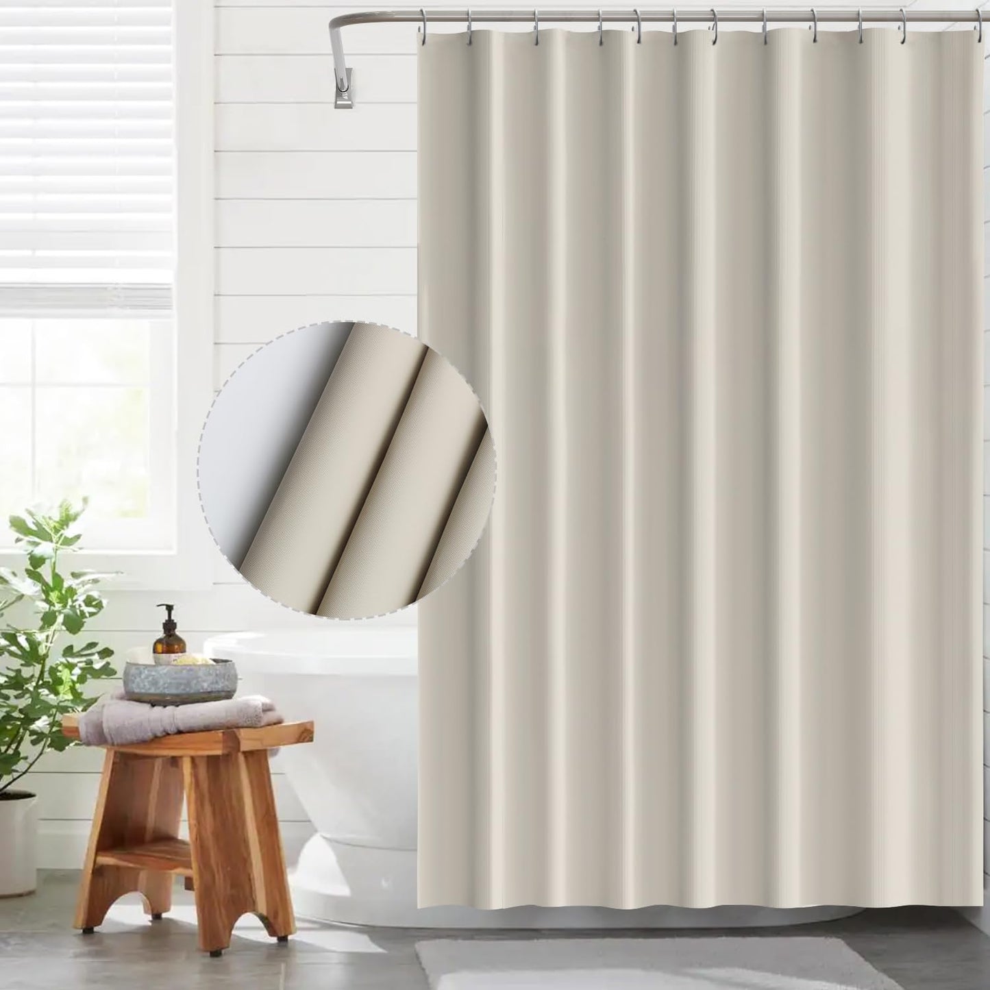 Funria EVA Shower Curtain Waterproof Bathroom Curtains with 8 Hooks for Wet Room Long Bath Curtains for Bathtubs and Shower Stall Beige Shower