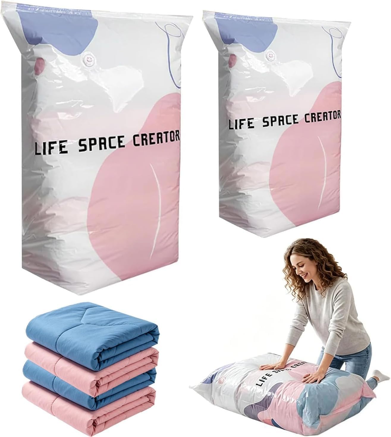 ZFFAFUR No-Pump Compression Bags 2-Pack Large – Press & Seal Instantly Saves Space, Keeps Clothes, Duvets, Pillows & Blankets Dry
