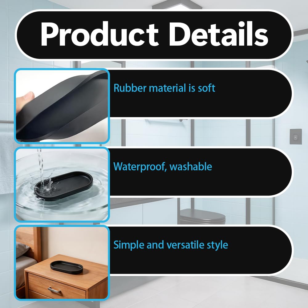 2 Pcs Bathroom Tray, Silicone Black Tray for Perfume, Non-slip Waterproof Oval Storage Soap Trays for Bath Kitchen Toilet Dressing Table Store Rings