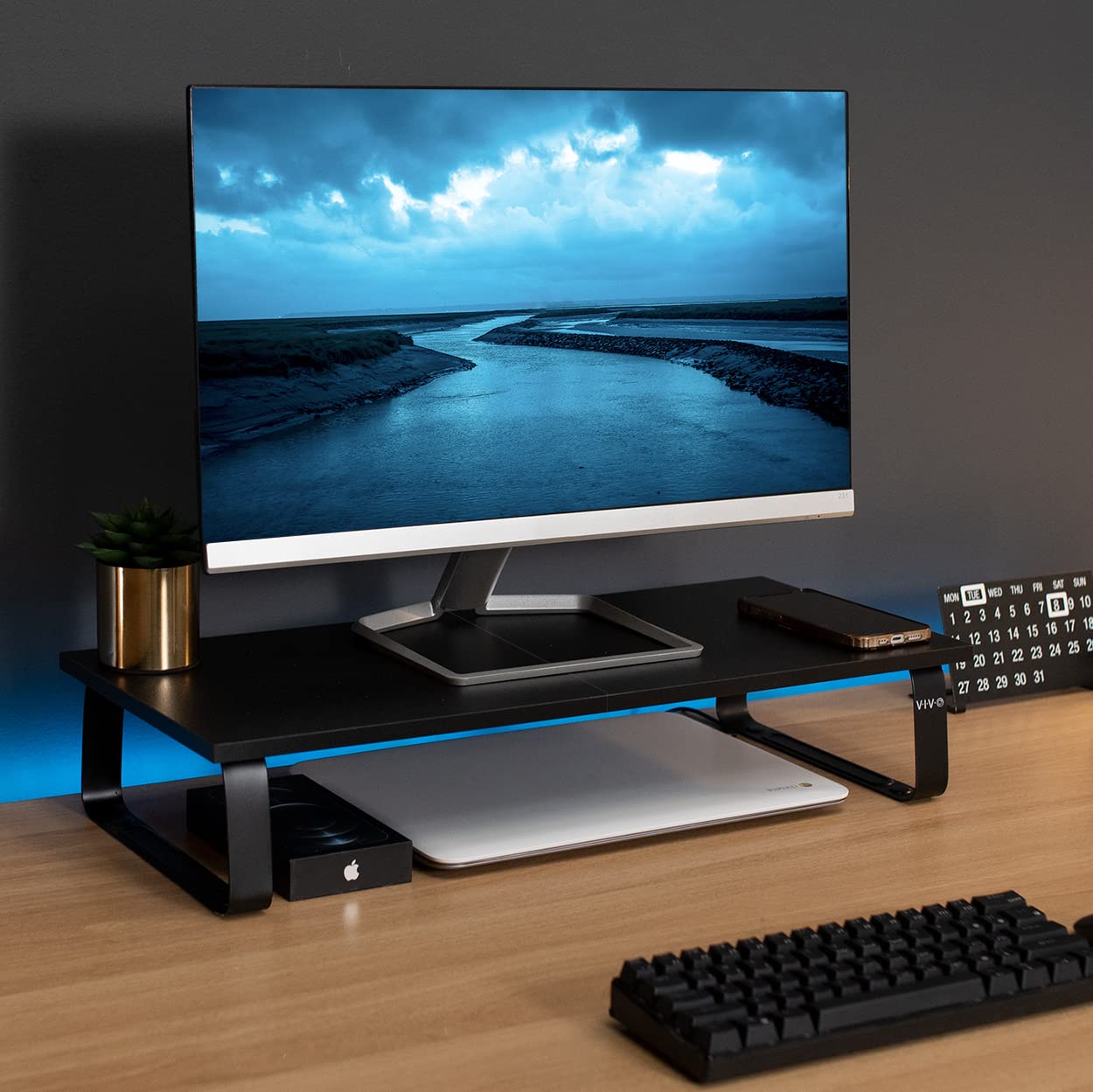 VIVO 24 inch Monitor Stand, Wood & Steel Desktop Riser, Screen, Keyboard, Laptop, Small TV Ergonomic Desk and Tabletop Organizer, Black, STAND-V000D