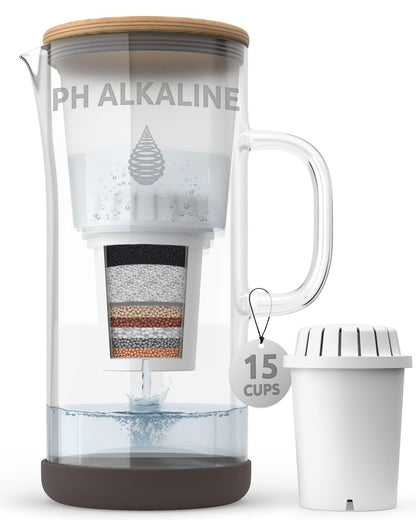 pH Restore Glass Alkaline Water Filter Jug - 3.5L Filter Water Jug with Multi-Stage Filtration, Reduces Fluoride Chlorine & impurities, Water Filter