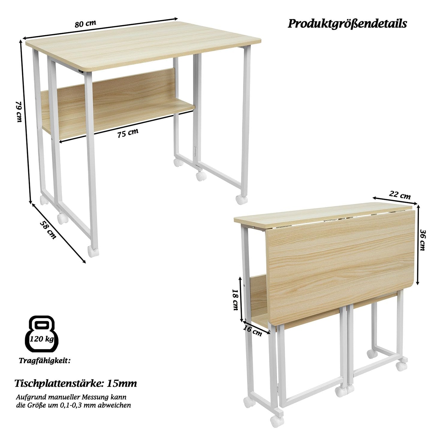 Fiutazge Folding Desk with Wheels, Small Folding Computer Table with Shelf, Folding Table for Home, Office, Industrial Design, Oak 80 x 58 x 75 cm