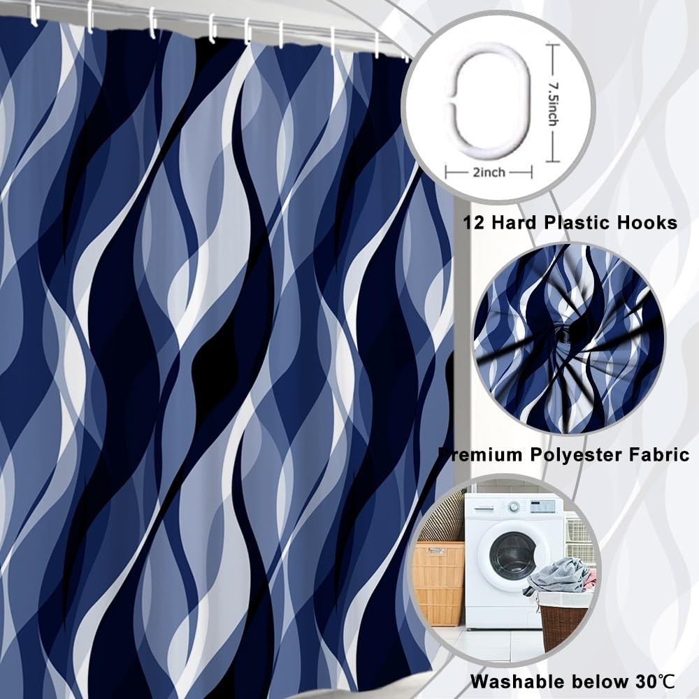 Uiiooazy Anti-Mould Shower Curtain 180 x 200 cm Navy Blue Stripes Dark Blue