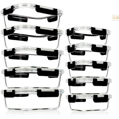 Glass Containers with Lids, 10 Pack Airtight Glass Meal Prep Containers, Glass Food Storage Containers, Reusable, Stackable, Microwave, Oven, Freezer and Dishwasher, 1050ml & 370ml (Black)