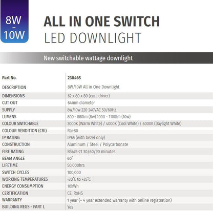 Bright Source All in One Switchable Wattage 8w/10w LED Downlight - 4 Colour Temperatures - 2700K 3000K 4000K 6000K - 3 Bezels IP65 Warm White Cool White Daylight White Spotlight - Pack of 6