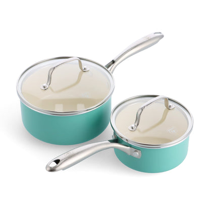 GreenLife Artizan Healthy Ceramic Non-Stick 14cm/1l and 18 cm/2l Saucepan Pot Set with Lids, Stainless Steel Handle, Induction, PFAS-Free, Oven Safe,