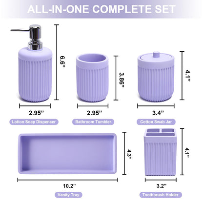 XLHOMO Resin Light Purple Bathroom Accessories Set 5 Pcs, Lotion Soap Dispenser, Toothbrush Holder, Bathroom Tumbler, Qtip Holder and Vanity Tray