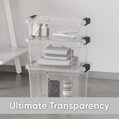 Superio Clear Storage Box with Lid, 26.5 Quart Plastic Container Bins for Organizing, Stackable Crates, BPA Free, Non Toxic, Odor Free
