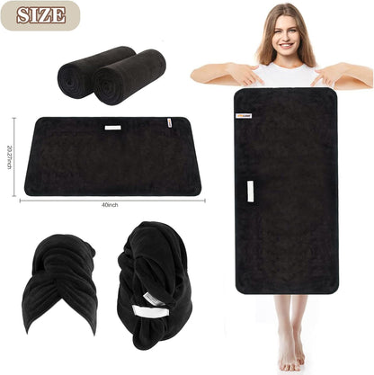 Sunland 2 Pack Super Absorbent Microfibre Drying Towels Quick Drying Magic Turban for Drying Long, Soft and Large Hair 50cm x 100cm Black