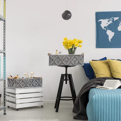 Macrame Storage Basket Boho Decor Baskets for Organizing Woven Decorative Countertop Toilet Paper Tank Top Home Bedroom Nursery Livingroom Entryway