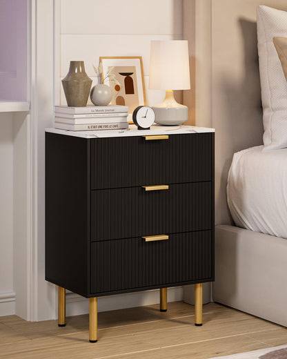 Apetaccat Bedside Table with 3 Drawers, Modern Bedside Cabniet with Metal Legs, Fluted Nightstand, Side Table for Bedroom, Living Room, Office, Black