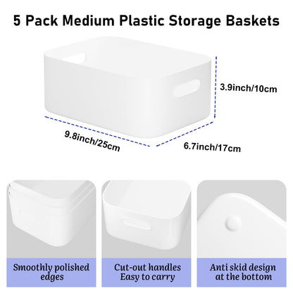 W&H 5 PCS White Plastic Storage Baskets with Handle, Medium Kitchen Cupboard Organiser Box, Storage Boxes for Shelves, Plastic Boxes for Bathroom