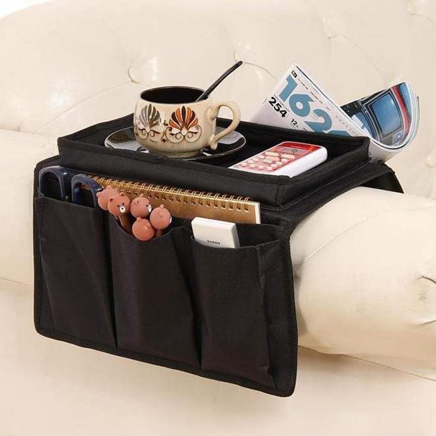 Sofa Armrest Organizer Candy Organizer with Tray & 5 Pockets, Foldable Couch Arm Rest Storage Bag Sofa Armchair Hanging Storage with Cup Holder for