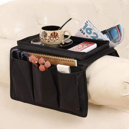 Sofa Armrest Organizer Candy Organizer with Tray & 5 Pockets, Foldable Couch Arm Rest Storage Bag Sofa Armchair Hanging Storage with Cup Holder for
