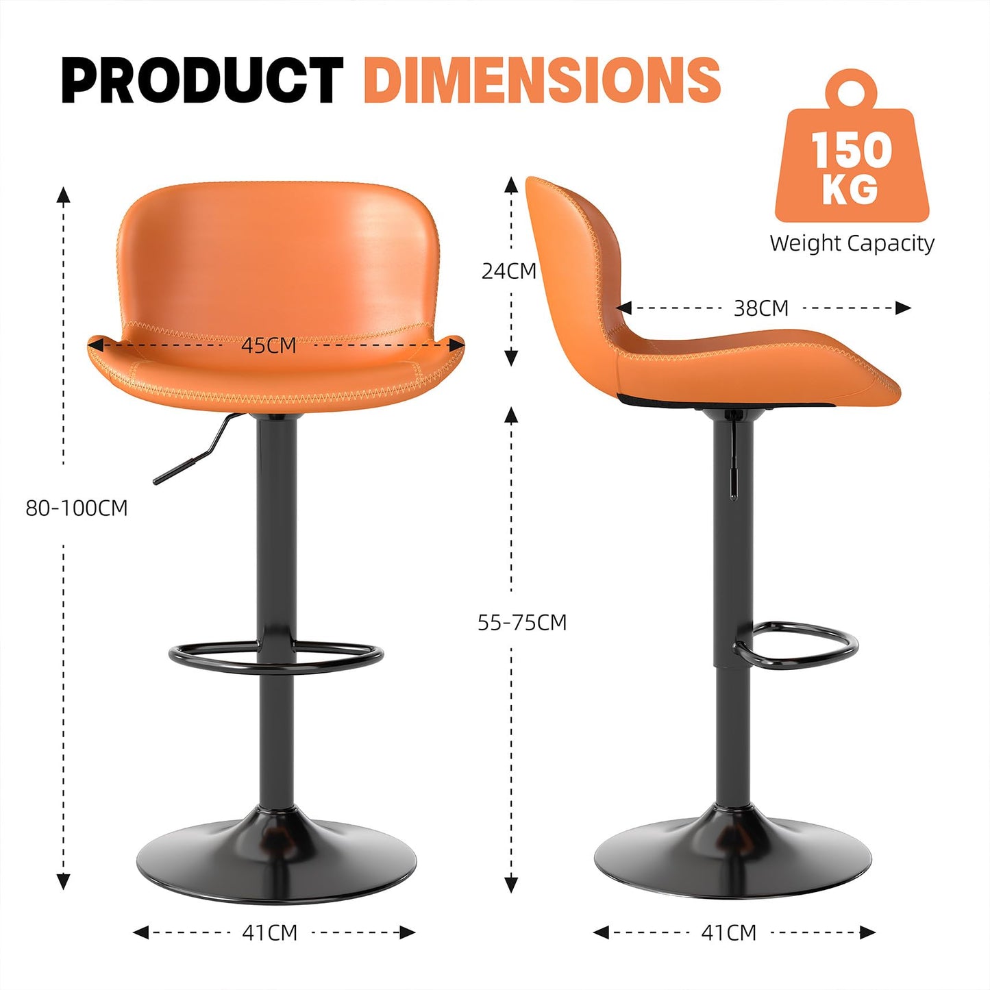 Youhauchair Bar Stools Set of 2, PU Leather Counter Height Barstools with Back, Height Adjustable Swivel Bar Chairs