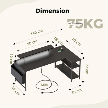 Mericonia Corner Desk, w. Monitorstand & Built-in Socket, 140x70cm, Black
