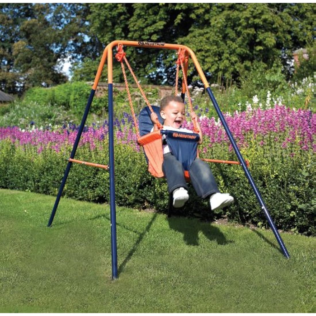 Hedstrom Folding Baby Swing Set | Age 6-36 Months | Outdoor Garden or Home Play Equipment Children | Adjustable Kids Playground | Toddler Toy Chair High Back, Blue/Orange