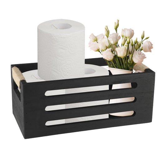 Gzsekken Toilet Roll Basket, Black Storage Basket for Bathroom Toilet Tank Roll Toiletries Organiser Wood Tray for Bath Accessories Organisation D?cor