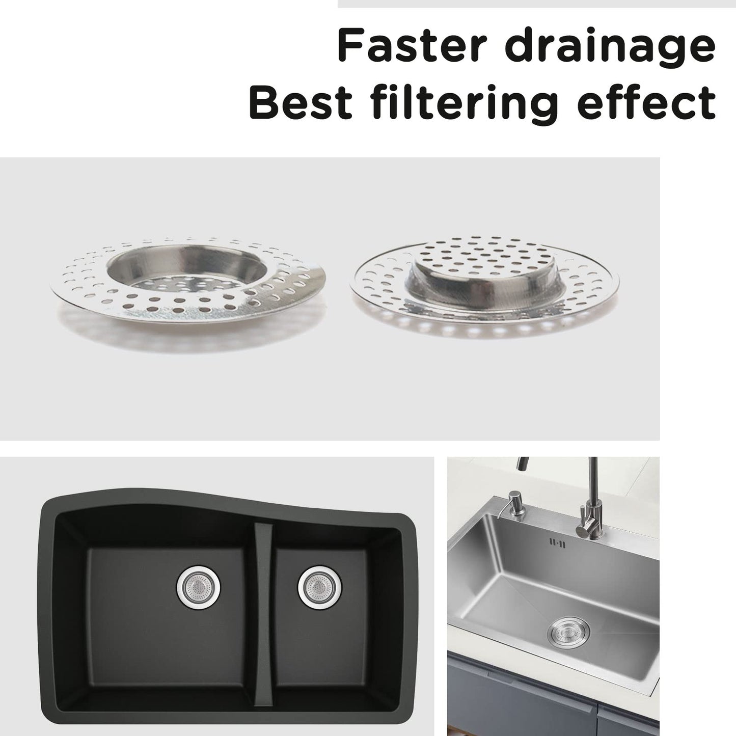 2pcs Kitchen Bathroom Sink Strainer, Stainless Steel Drain Filter, Bath Drain Protector, Shower Drain Cover Hair Trap Catcher Stopper Plug