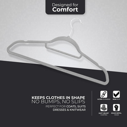 Roe Tenpo Coat Hangers, 20 Pack, Grey | Velvet Hangers for Clothes with Tie Bar & 360° Hook | Durable & Sturdy | Non-Slip