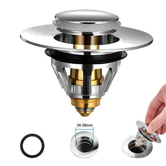 Bathroom Sink Plug Replacement, Brass Universal Pop Up Drain Stopper with Bounce Core, Bath Basin Plug Filter with Basket Hair Catcher, Push Type Sink