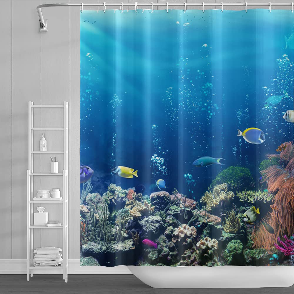 SDOTPMT 105x160cm Ocean Tropical Fish Shower Curtain Underwater Sea Animal Coral Reef Bath Curtain Summer Blue Ocean Bathtub Curtain for Kids