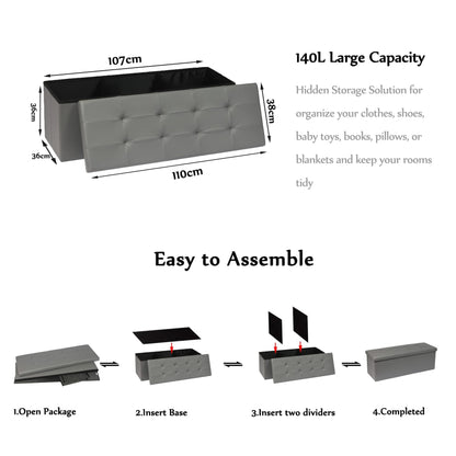 Bonlife ottoman Storage Boxes Bench Toy Box Chest Foldable Seat,End of Bed Bench,Faux Leather Foot Stool for Bedroom110x38x38cm(Light Grey)