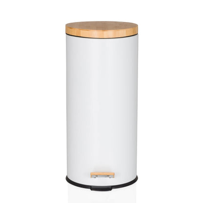 hjh OFFICE waste garbage can 30 liters, pedal bin with bamboo lid, softclose CLEAN BAMBOO metal waste garbage can with inner bin, white matt