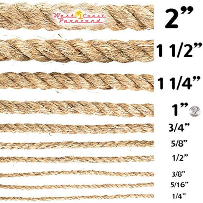 West Coast Paracord Twisted Manila Hemp Rope in 1/4 inch, 5/16 inch, 3/8 inch, 1/2 inch, 5/8 inch, 3/4 inch, 1 inch, and 2 inch Widths & Several Lengths