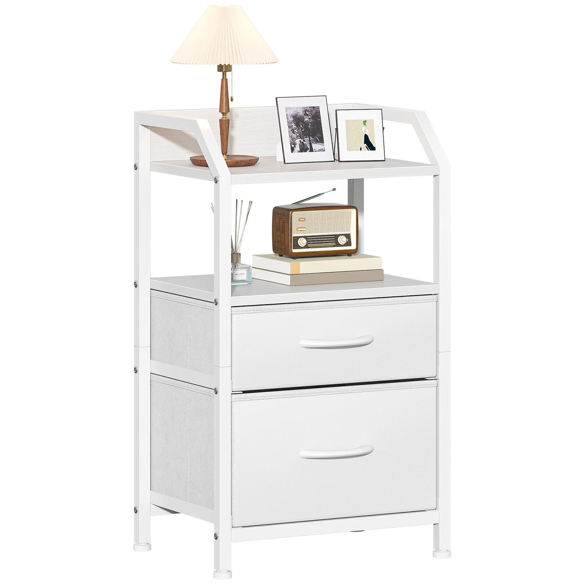Feonase Bedside Table with 2 Fabric Drawers & Open Shelf - Sturdy Metal Frame Nightstand, Compact End Table for Bedroom, Living Room, Small Spaces