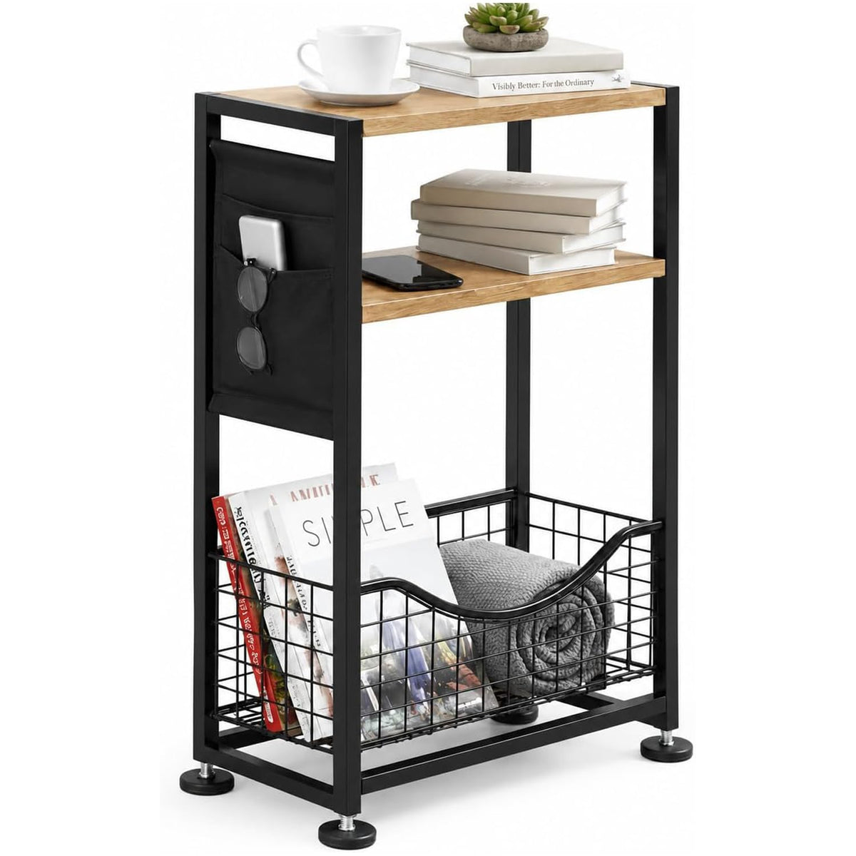 ZEXVIDA Narrow Side Table, 3-Tier Slim End Table with Magazine Holder and Fabric Storage
