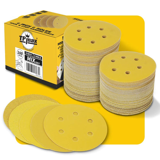100PCS 150mm 6 inch 6 Hole Sanding Discs Sandpaper Mixed Grits - Premium Gold Round Hook and Loop for Random Orbital Sander (60, 80, 120, 220, 320