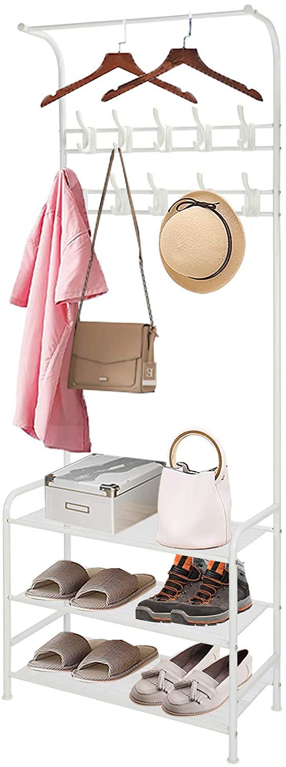 Coat Rack Shoe Bench with 8 removable Hooks, Metal Coat Hat Rack Free Standing Clothes Stand with 3-Tier Shoe Rack Bench, Hat Stand Hallway Organiser