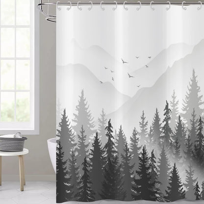 Hnmdmyi Black and White Shower Curtain 180x200, Misty Forest Mountain Ombre Grey Foggy Nature Tree Woodland Landscape Bathroom Curtains Waterproof