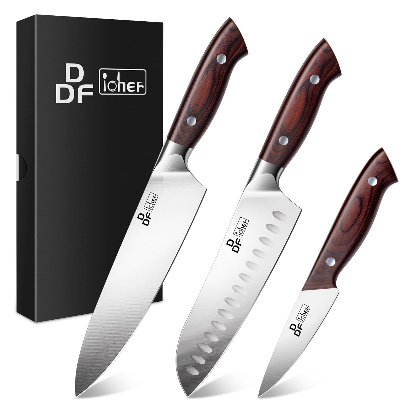 DDF iohEF Knife Set 3 Pieces, Sharp Kitchen Knife Set Professional Chef Knife Set for Kitchen Japanese Stainless Steel Cooking Knives with Ergonomic