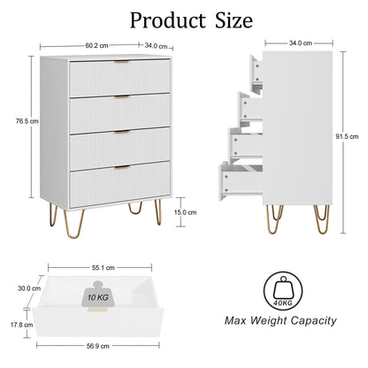HEYZOEY White Chest of 4 Drawers for Bedroom, 60x34x91cm, Wood Storage Dresser Bedroom Furniture Cabinet for Living Room,Office,Lounge,White