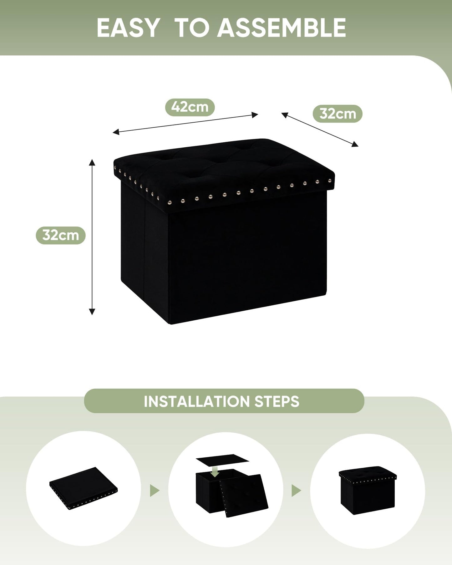 Bonlife Velvet Ottoman with Storage,Small Storage Boxes with Lids,Folding Ottoman Seat,Footstool for Living Room,42x32x32cm,Black