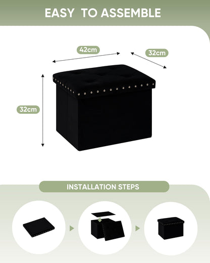 Bonlife Velvet Ottoman with Storage,Small Storage Boxes with Lids,Folding Ottoman Seat,Footstool for Living Room,42x32x32cm,Black