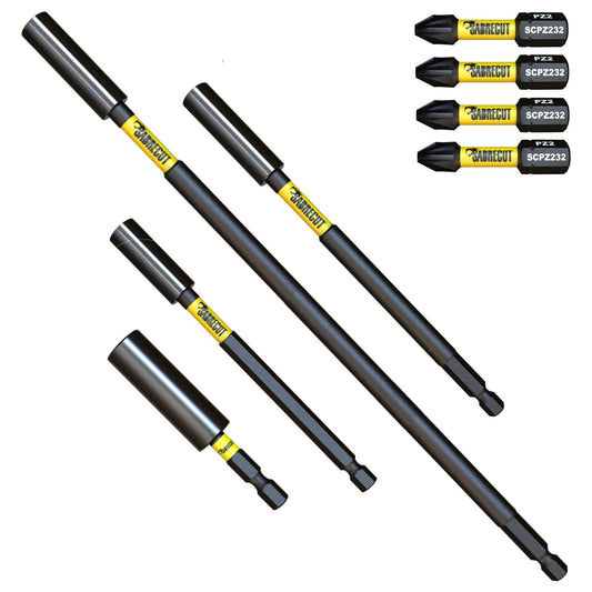 8 Piece SabreCut SCRK10 Magnetic 60mm 100mm 152mm and 305mm Professional Impact Bit Holders with 4 x 32mm PZ2 Screwdriver Impact Bits