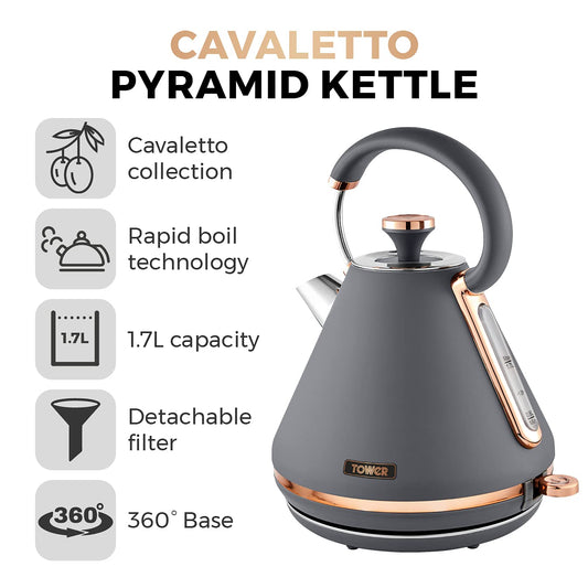 Tower T10044RGG Cavaletto Pyramid Kettle with Fast Boil, Detachable Filter, 1.7 Litre, 3000 W, Grey and Rose Gold