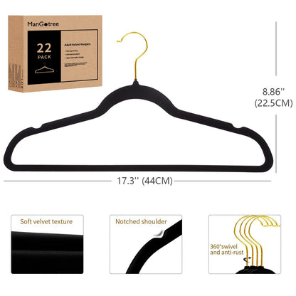 ManGotree Velvet Coat Hangers with 360° Swivel Gold Hook 22 Pack Black
