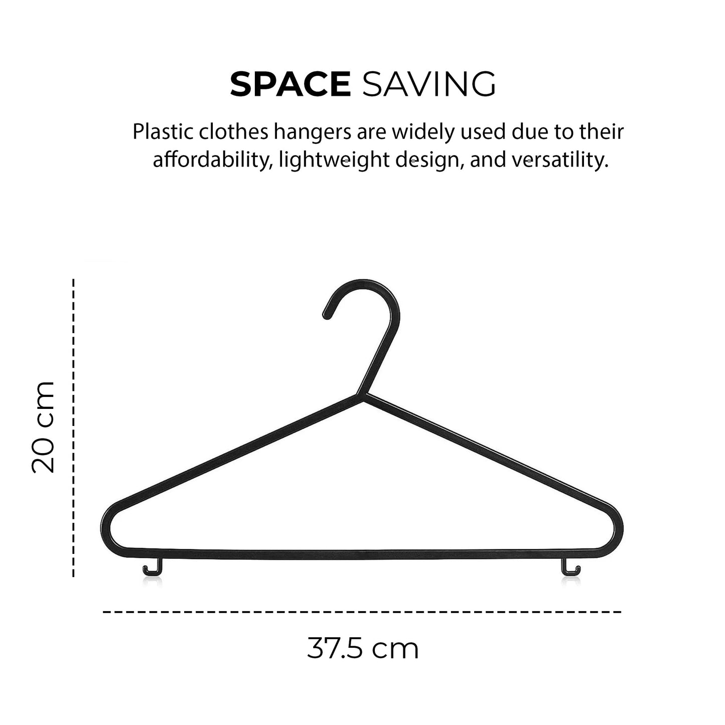 25pk Adult Plastic Coat Hangers, Black Colour Strong Clothes Hangers for Closet, Space Saving Hangers with Suit Pants Trouser Bar, and Strap Hooks