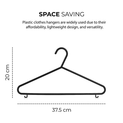 25pk Adult Plastic Coat Hangers, Black Colour Strong Clothes Hangers for Closet, Space Saving Hangers with Suit Pants Trouser Bar, and Strap Hooks