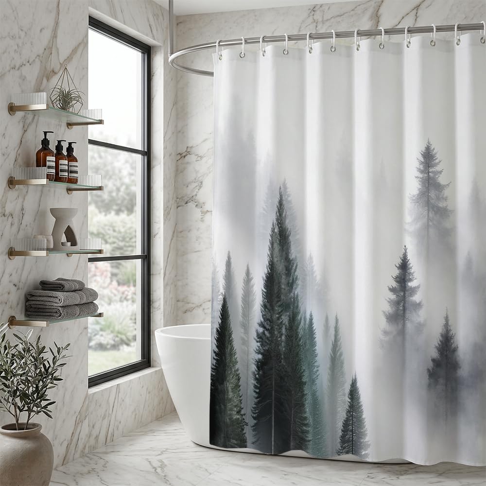 Rohxyzo Washable Shower Curtain with Hooks, Wet Room Shower Curtain 180 x 180 cm, Ink Art Misty Forest Print