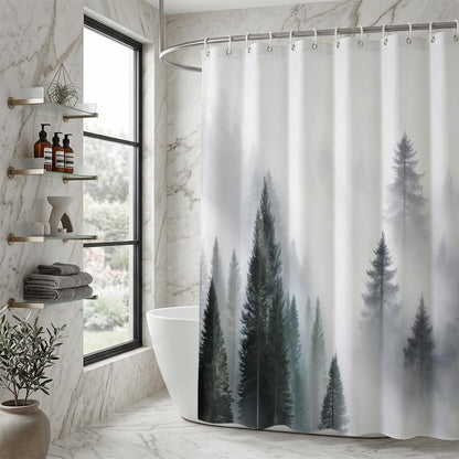 Rohxyzo Washable Shower Curtain with Hooks, Wet Room Shower Curtain 180 x 180 cm, Ink Art Misty Forest Print