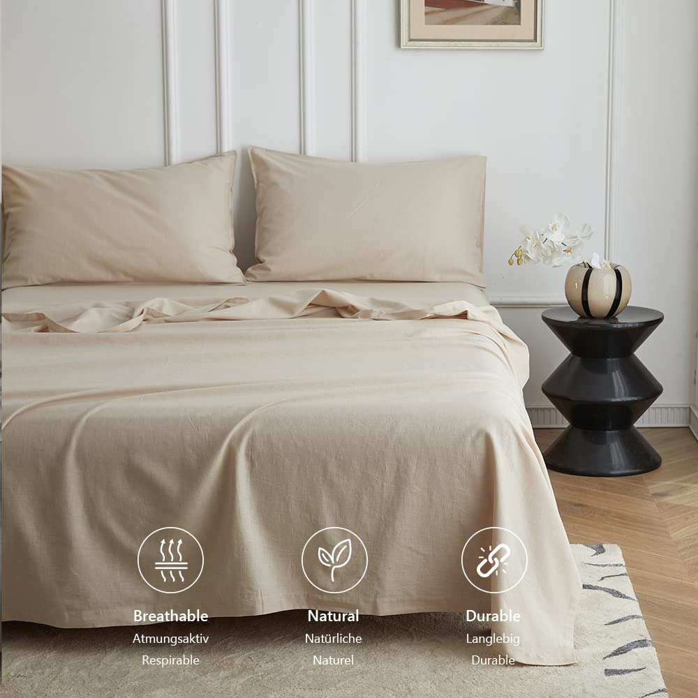 Simple&Opulence King Flat Sheet,55% Linen 45% Cotton Luxury Cool Bed Sheet,Super Soft and Easy Care Flat Top Sheet,255 x 270 cm, Linen/Beige