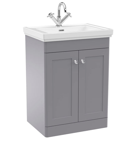 nuie CLC225A Classique Traditional Bathroom Floor Standing 2 Door Vanity Basin Unit with 1 Tap Hole Fireclay Basin, 600mm, Satin Grey