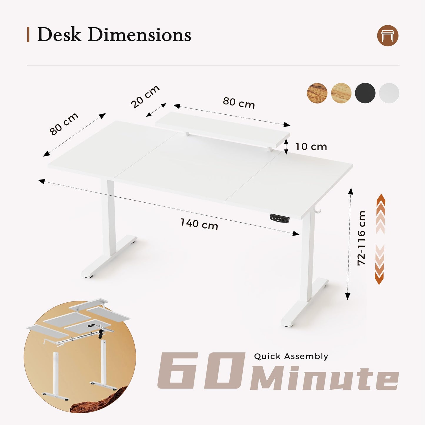 Klicelor Eletric Height Adjustable Desk, Movable Monitorstand, 160x80cm