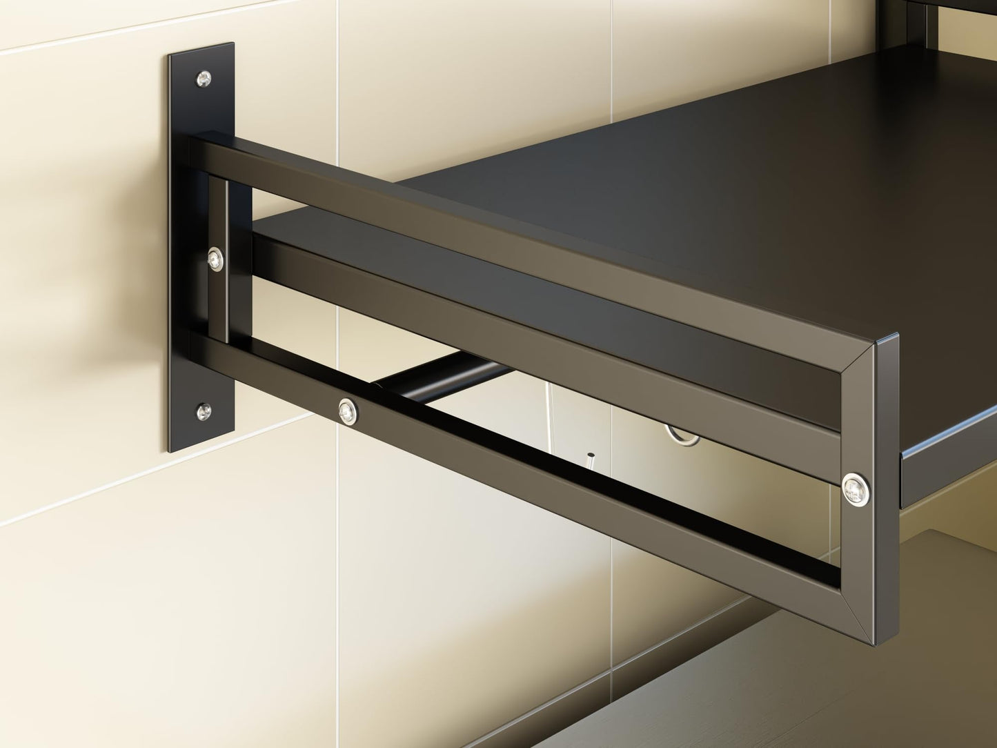 ABCOOL Wall Mount Microwave Oven Shelf Rack for Kitchen Home, Carbon Steel Counter Countertop Holder with Hook Rail and 3 Slidable Hooks