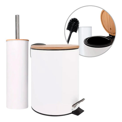 Amig - Naturline Bin and Toilet Brush Set - Ø168 x 230 mm - Steel and Bamboo - White - Compact and Coordinated Bathroom Set